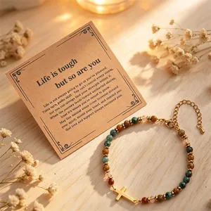 Natural 4mm African turquoise and fossil stone beaded bracelet with gold cross charm