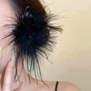 Gros plan d'une grande boucle d'oreille en plumes noires sur une oreille