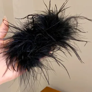 Détail de grandes boucles d'oreilles en plumes noires duveteuses avec un design unique et audacieux.