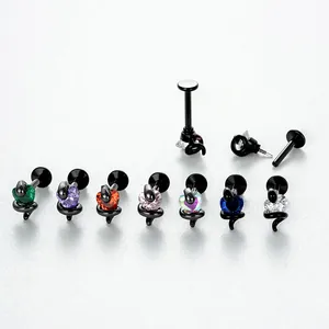 Boucle d'Oreille Clou de Cartilage en Acier Titane Serpent Rétro Cœur Zirconia Labret à Filetage Interne Bijoux Punk Noir pour Femme