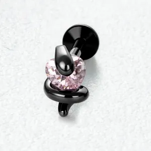Boucle d'oreille minimaliste serpent noir et zircon coeur en titane avec pierre rose