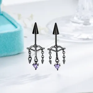 Gothic Titaniumstaal Hart Pijl Piercing Oorbellen Unisex Paars Zirconia Spike Kwastje Ketting Oorkraakbeen Sieraden Punk
