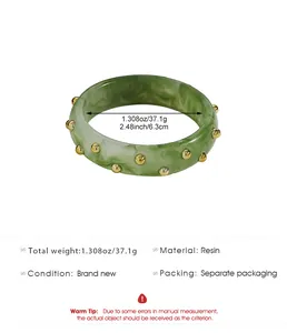 Green resin bangle with gold stud accents, 6.3cm diameter, retro style fashion jewelry.