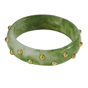 Vintage retro green marbled acrylic wide bangle with decorative gold stud accents