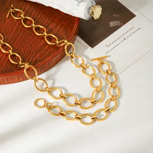 Detailed close-up view of gold titanium steel chain necklace with OT toggle buckle clasp