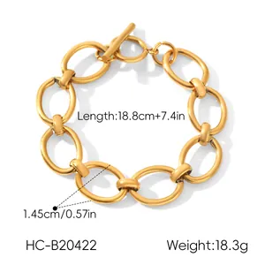 Detailed view of gold stainless steel chunky link bracelet with toggle clasp and dimensions
