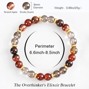 Détail du bracelet en agate rubanée et quartz fumé avec perles de 8mm et dimensions.