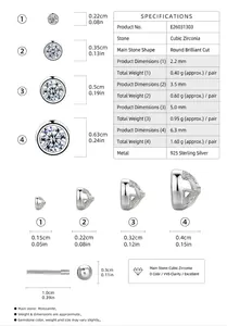 Spécifications de taille et de poids pour boucles d'oreilles en argent 925 et zircon