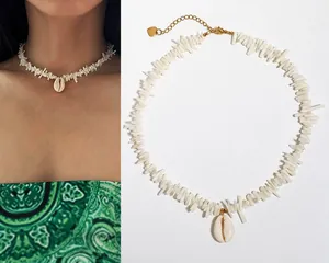 Elegante collana girocollo con conchiglia da spiaggia, vista sulla modella e in piano