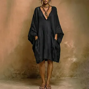 Vestido holgado de lino negro con cuello en V, mangas de linterna y bolsillos mujer