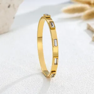 Detailed macro shot of a minimalist gold stainless steel bangle with elegant crystal inlays