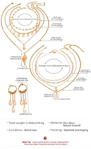 Détails des dimensions de l'ensemble colliers et boucles d'oreilles coquillage étoile.