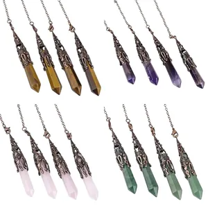 Set of retro natural crystal stone pendulum pendants with antique metal filigree caps