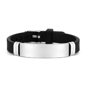 Minimalistisches schwarzes Silikon-Sportarmband mit blanker Edelstahlplatte für Männer