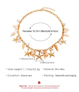 Bohemian gold necklace with starfish and shell pendants including measurement details