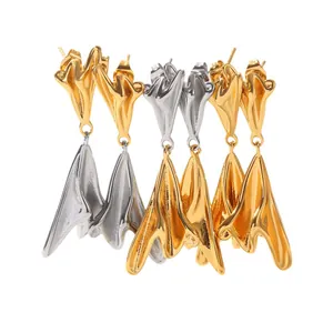 Abstract organic melting shape bicolor stainless steel drop earrings in gold and silver