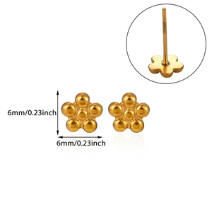 Detailed view of 6mm golden ball cluster flower stud earrings with size measurements
