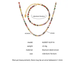 Vista dettagliata del set collana e bracciale in zircone colorato con specifiche tecniche