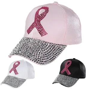Dames Mode Satijn Honkbalpet Strass Roze Lint Borstkanker Bewustzijn Verstelbare Polyester Zonnehoed Voor Outdoor Casual