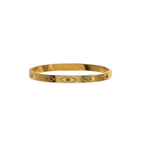 Elegant gold plated titanium steel bangle featuring colorful zircon inlaid evil eye motifs
