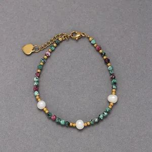 Handmade colorful natural stone beaded choker necklace with freshwater pearls and heart charm