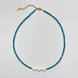 Handmade blue natural stone beaded necklace with three white freshwater pearls