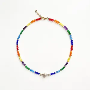 Delicate rainbow natural stone choker necklace with freshwater pearl accents for women.