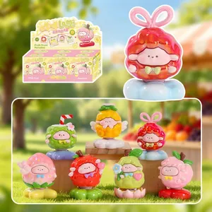 Collection of adorable fruit-themed animal blind box figurines shown in an outdoor setting
