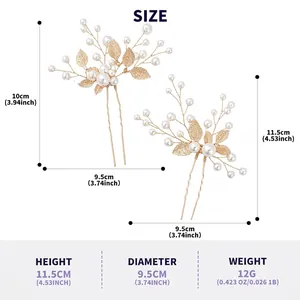 Product dimensions for elegant bridal hair pins featuring white pearls and gold leaves