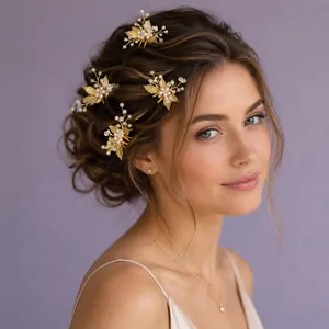 Elegant Handmade Gold Bridal Hair Pins With Imitation Artificial Pearls Alloy Leaf Bohemian Wedding Hair Jewelry Accessories For Brides Women