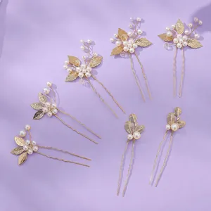 Seven elegant bridal U-shaped hairpins with golden leaves and white pearls on purple