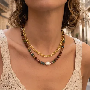 Collier Multicouche Fait Main en Cuivre Plaqué Or 18K avec Perles de Tourmaline et Grande Perle d'eau Douce Baroque pour Femmes
