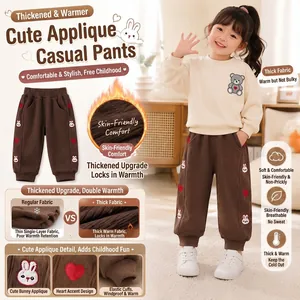 Pantalons en Coton Doublés de Polaire pour Filles Automne Hiver Chauds Pantalons Côtelés Broderie Lapin Dessin Animé Cœur