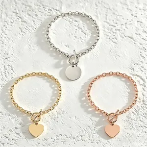 Minimalist Stainless Steel Heart Round Blank Charm Bracelet For Women Toggle Clasp Link Chain Fashion Daily Jewelry