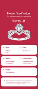 Close-up detail of a silver double-cross moissanite engagement ring with technical specifications