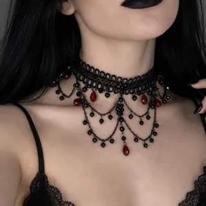 Gothic Black Lace Choker Necklace With Cross Pendant Red Rhinestone Tassel Victorian Vintage Jewelry For Women Halloween Party