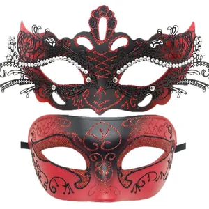 Set of two high-end red and black masquerade masks with intricate butterfly metal lace detail