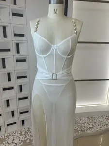 White sheer mesh lingerie set with elegant pearl straps and waist buckle detail.