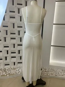 Detailed back view of a white sheer mesh maxi nightgown with high side slit detail