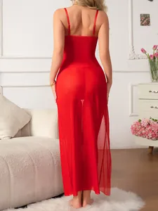 Back view of a sexy red sheer mesh nightgown with elegant high-slit detail for women
