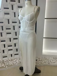 Detailed view of sexy white sheer mesh nightgown with pearl straps on a mannequin