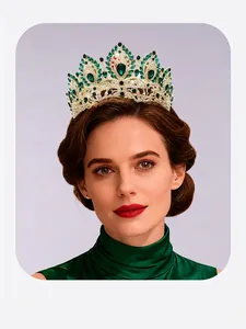 Detailed shot of an ornate vintage palace crown with green crystals worn by a model.