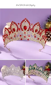 Detailed view of ornate rhinestone tiaras in red, clear, and green variations