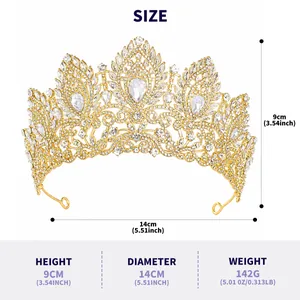 Detailed dimension chart for a luxury gold rhinestone wedding crown with weight