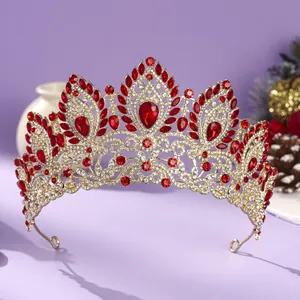 Luxurious gold pageant tiara with brilliant teardrop red and clear rhinestones