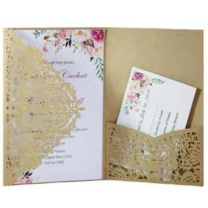 Élégantes Cartes d'Invitation de Mariage Découpe Laser Papier Perlé Kraft Invitation Florale Ajourée Avec Carte RSVP Et Enveloppe Pour Banquet Fête