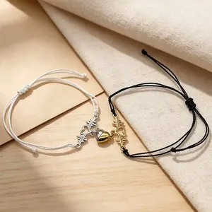 Magnetic heartbeat heart couple bracelet set with black and white braided rope cords