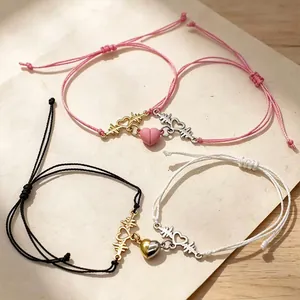 Magnetic heartbeat heart charm bracelets with adjustable braided strings for couples