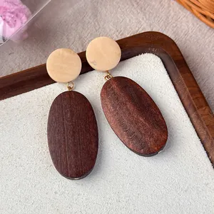 Close-up of vintage wooden geometric earrings featuring natural wood grain texture