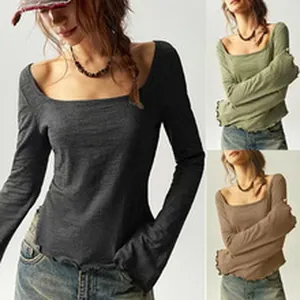 Casual dames T-shirt met lange mouwen van ribgebreid in de kleuren grijs en groen.
